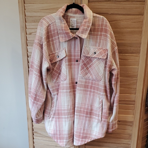 Fornia Los Angeles Women's Brushed Tweed Shacket Plaid Pink Jacket SZ  XL - Picture 1 of 8